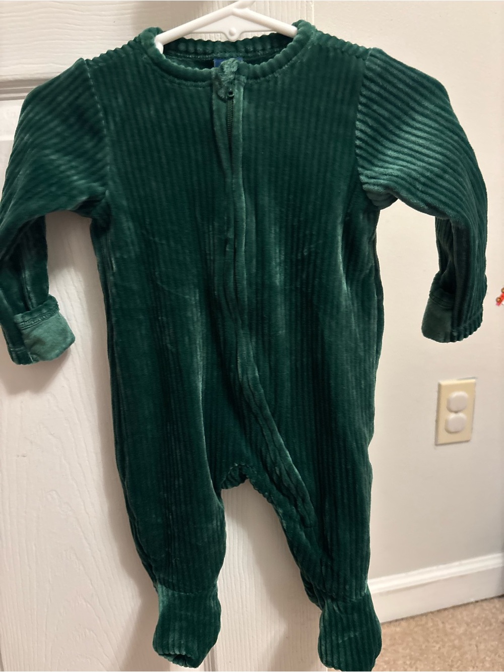 Kids Green Corduroy Velour One-Piece Footed Romper